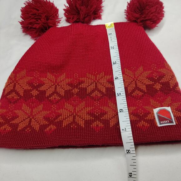 Vtg Husky 3 peak Pom Pom Red Snowflake Fair Isle Ski Hat Beanie Made in Finland - Picture 8 of 8